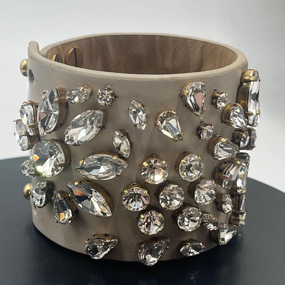 J. Crew‎ Beige Leather Floral Geometric Rhinestone Statement Wide Cuff Bracelet